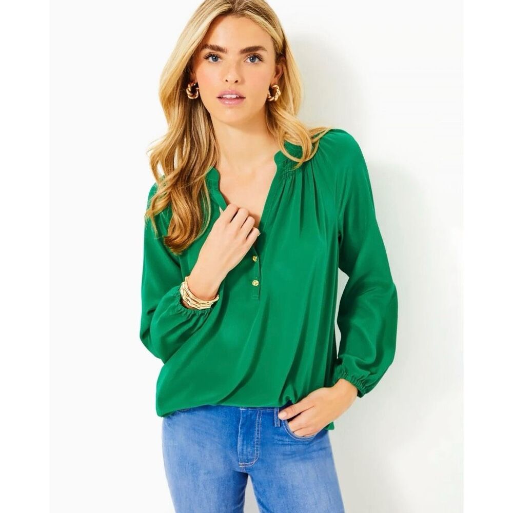 Lilly Pulitzer Elsa 100% Silk Top - Fiddle Leaf Green - S